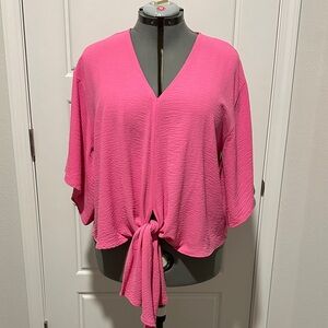 Adrienne Bright Pink V-Neck Blouse with Tie-Front